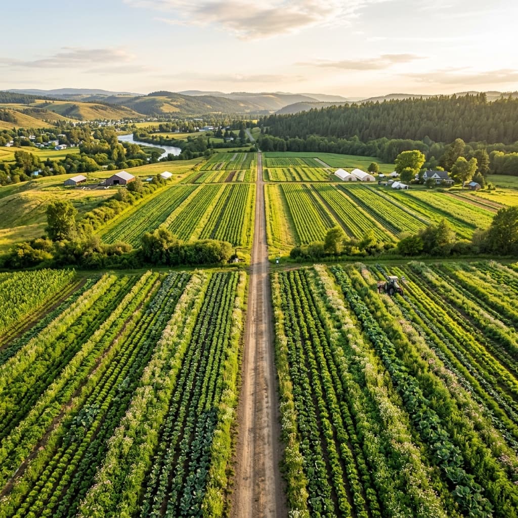 Dirt road cutting through regenerative row crops