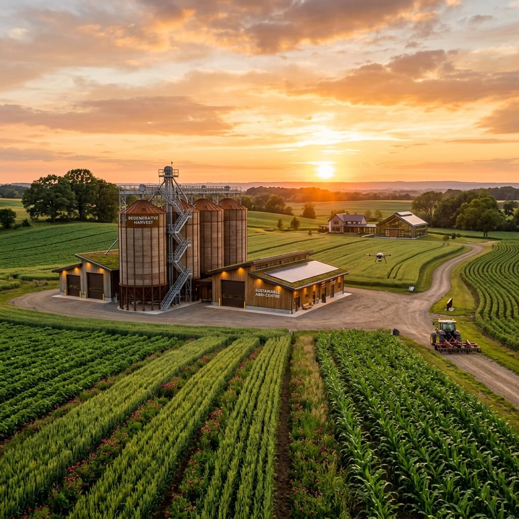 Pristine modern regenerative farm facility with sustainable grain silos
