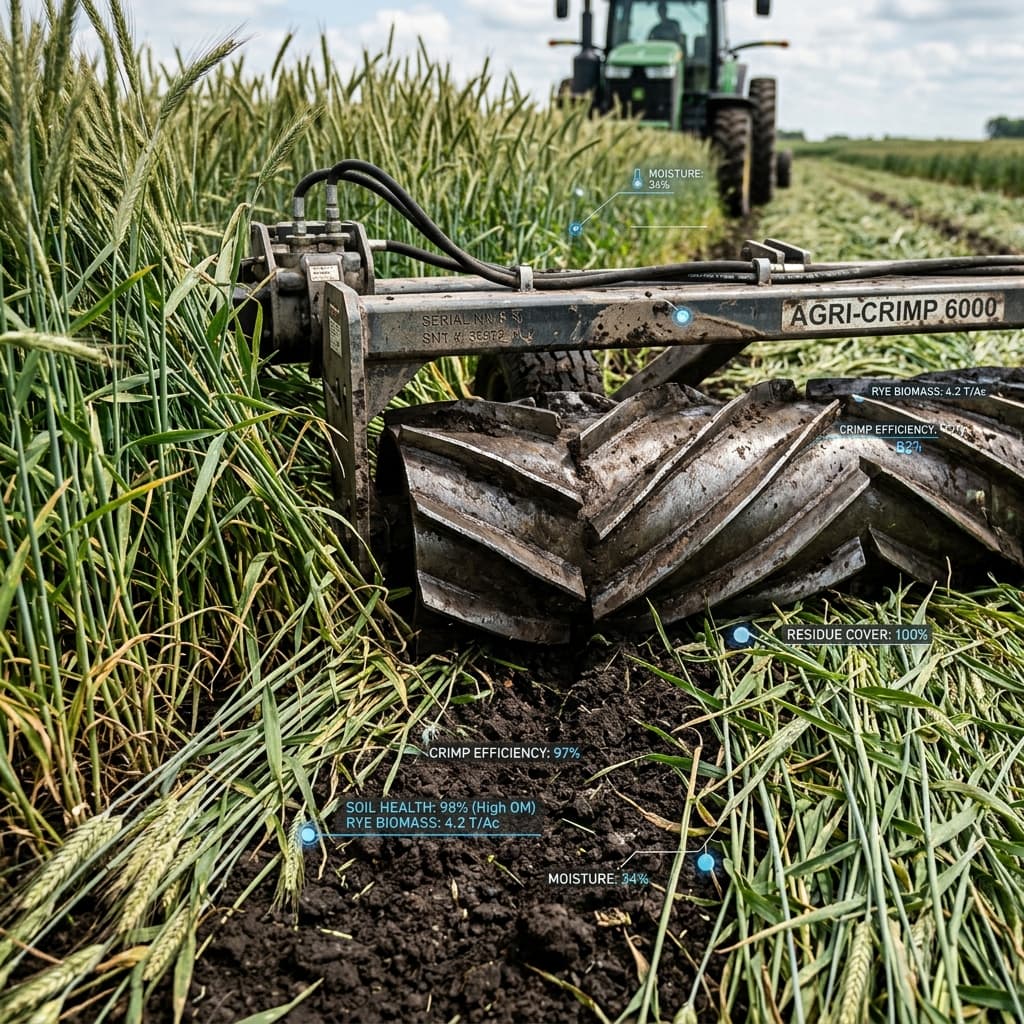 Close-up macro shot of a no-till planter or roller crimper