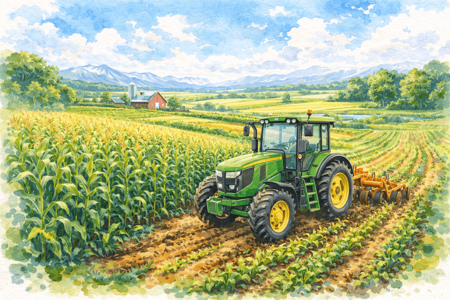 Watercolor illustration of a working farm landscape with a tractor, crop rows, and mountains behind the land